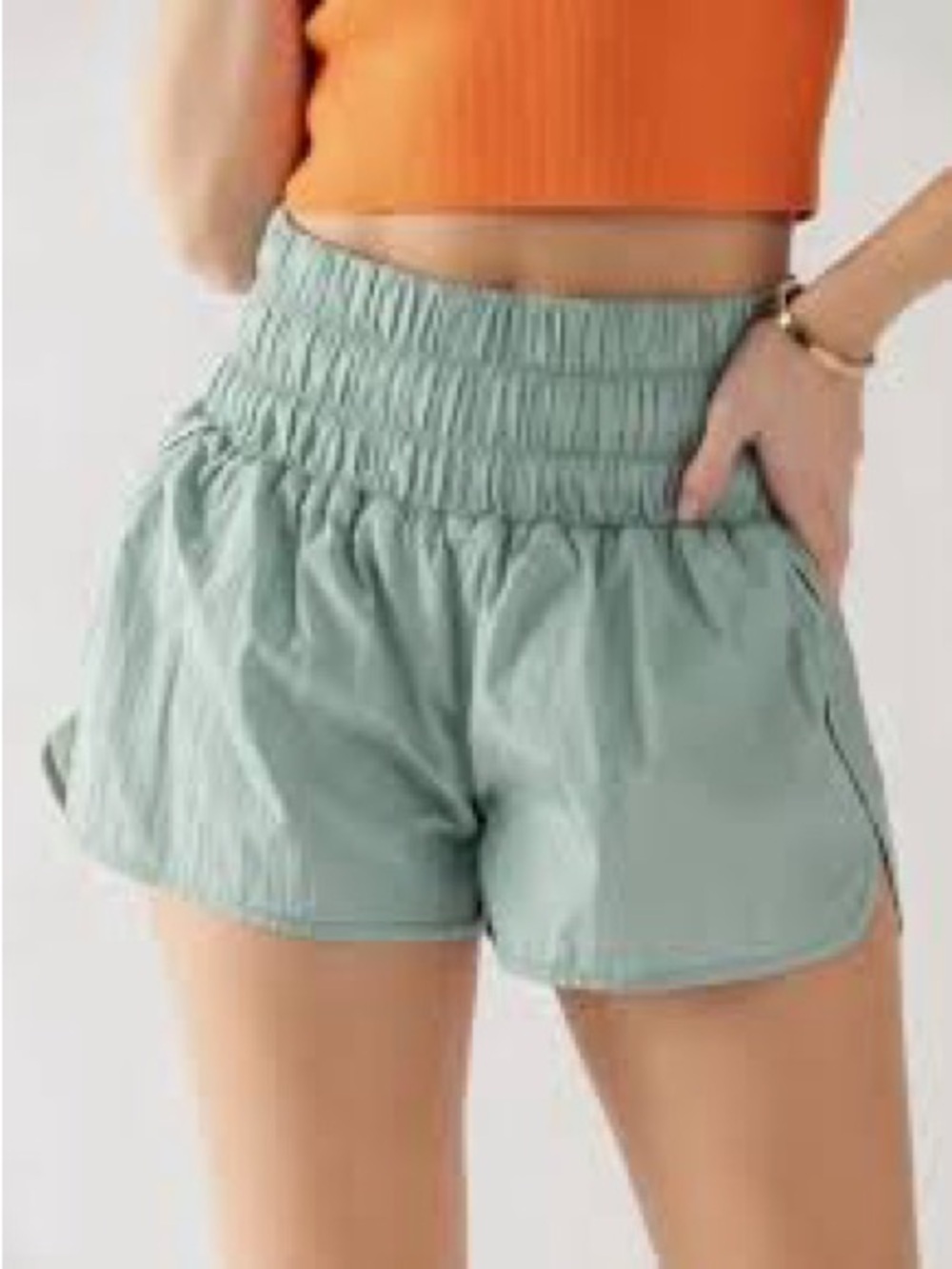 Love Tree Sage Green Smocked High-Rise Athletic Running Shorts - Size Small